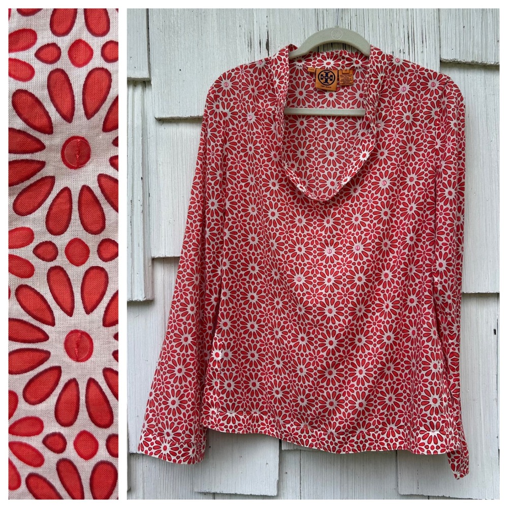 Tory Burch Red White Floral Sequin Cotton Blouse Top 20091121 Womens 10